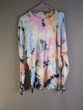 Large PINK Victoria's Secret Tie Dye Long Sleeve Campus Tee-NWT